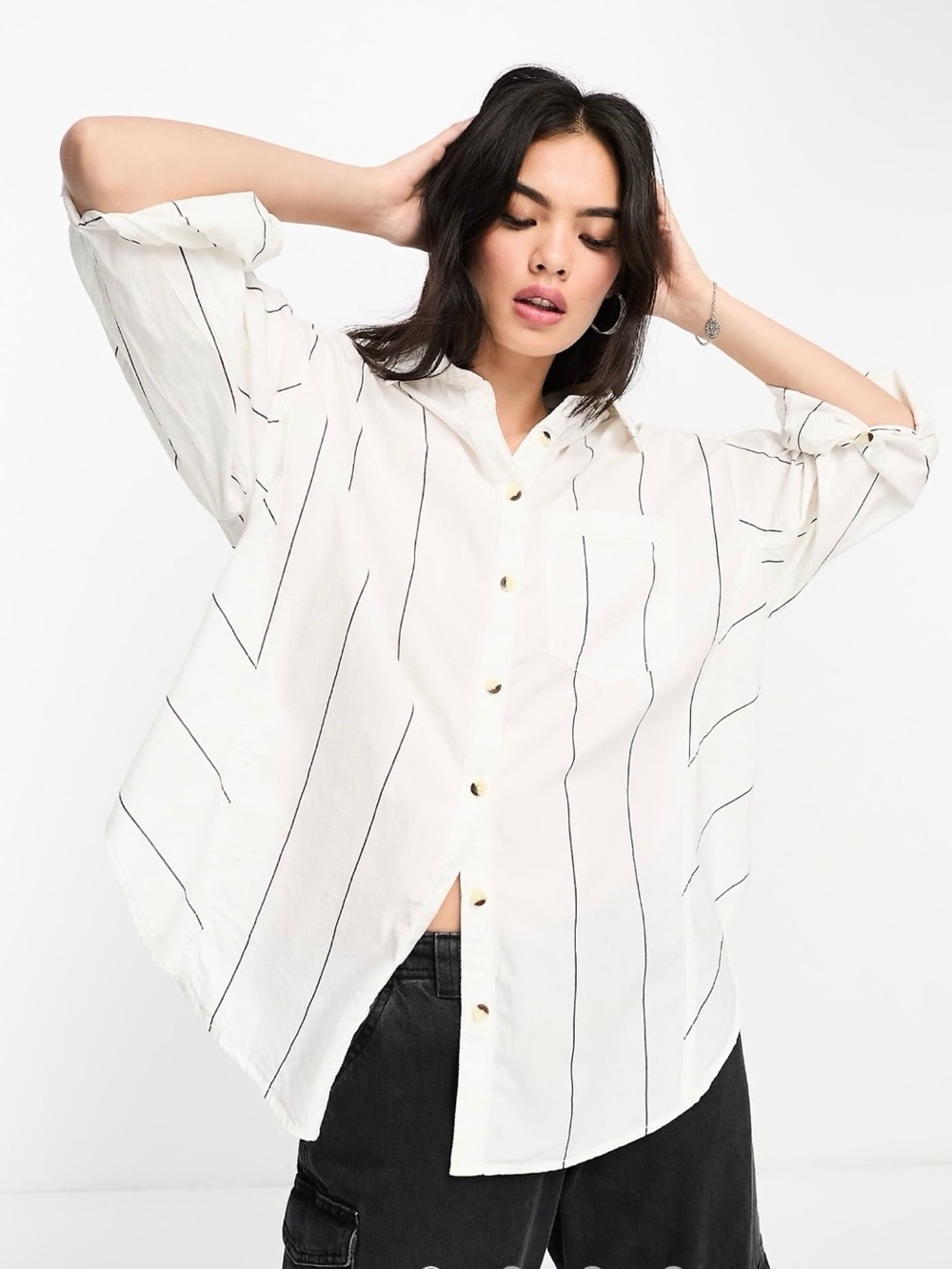 We The Free FREE PEOPLE Happy Hour Stripe Button Down Shirt Ivory Size L Large